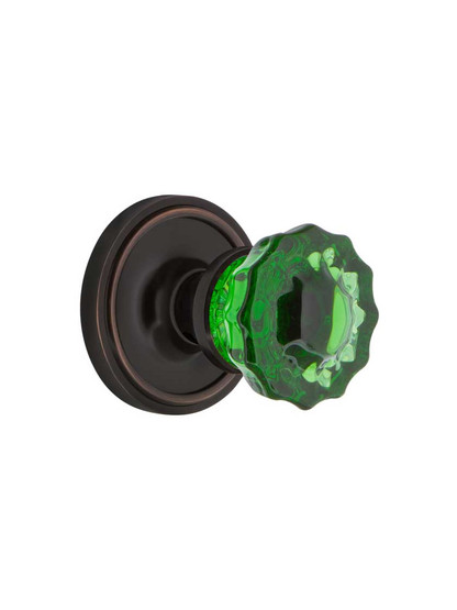 Classic Rosette Door Set with Colored Fluted Crystal Glass Knobs Emerald in Timeless Bronze.